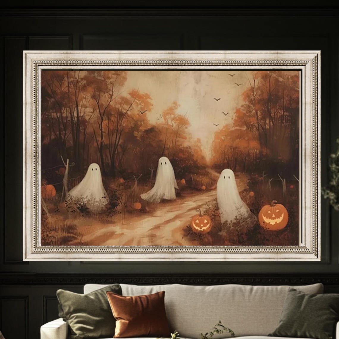 Cute Ghosts Autumn Path Vintage Halloween Moody Decor Art Poster