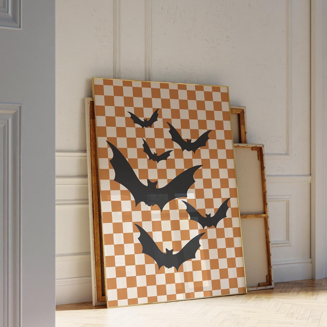 Halloween Bats Poster, Retro Checker Pattern Decor