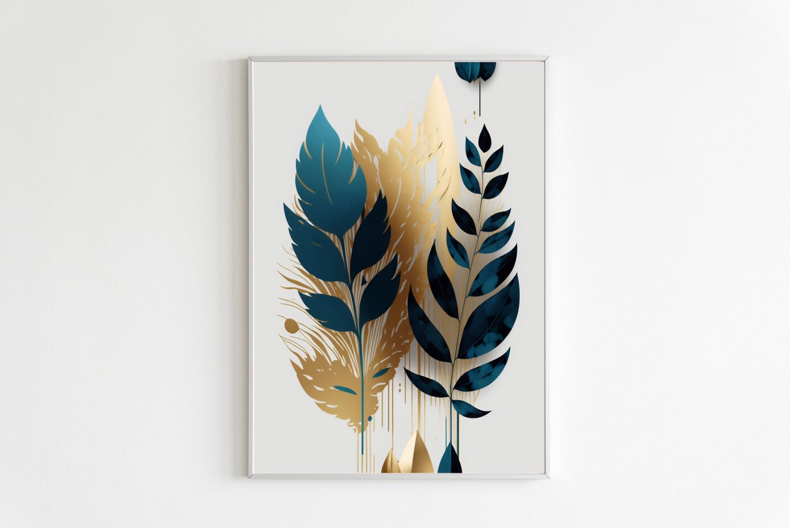 Teal Gold Abstract Leaf Sprigs Glam Botanical Modern Art Poster