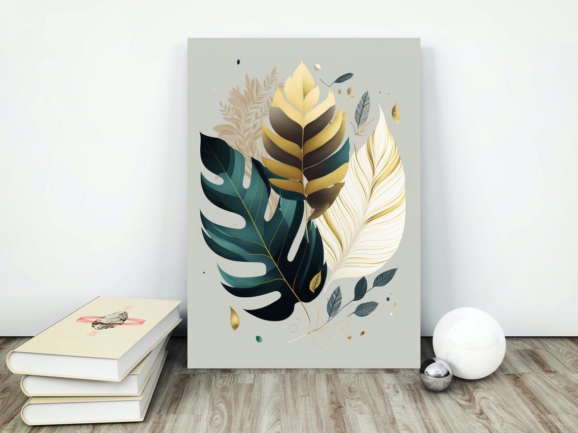 Deep Teal Monstera Gold Leaves Sage Background Botanical Poster - Image 4