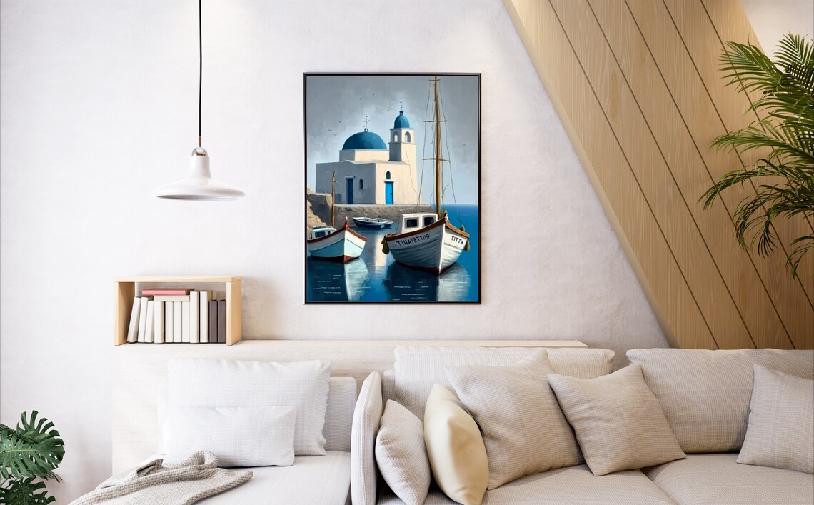 Greek Island Blue Domed Church and Fishing Boats Harbor Poster - Image 3