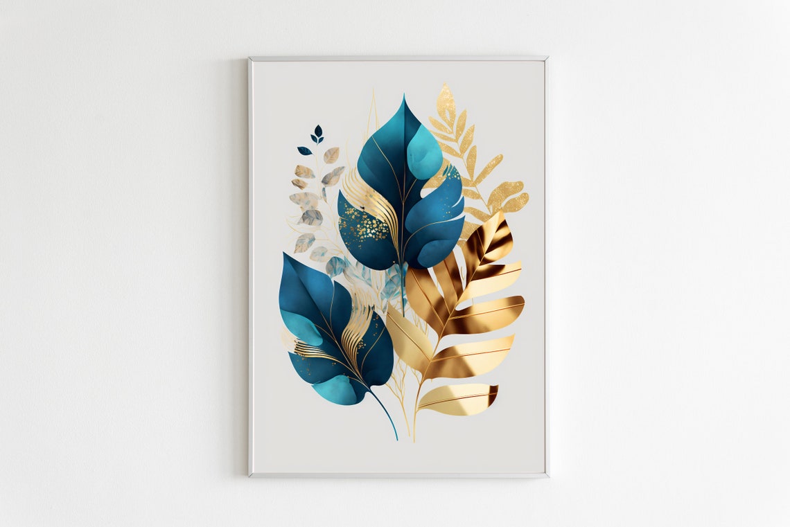 Teal Monstera Gold Palm Leaves Layered Botanical Chic Poster