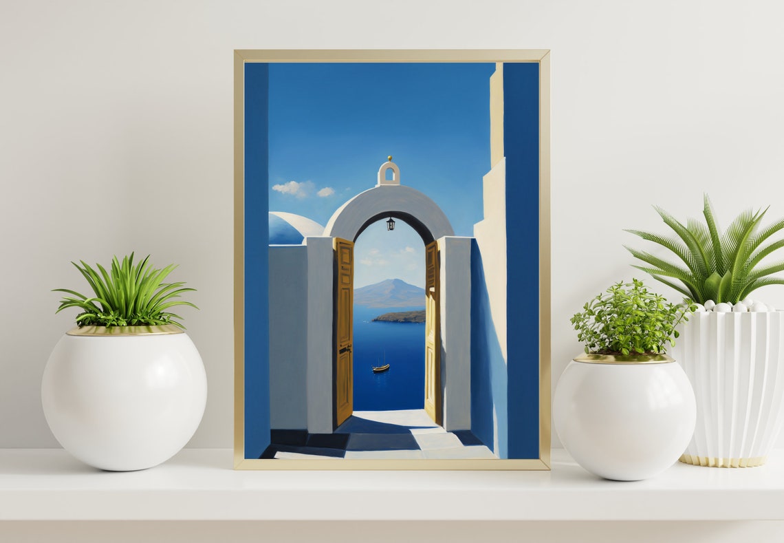 Santorini Blue Archway With Open Doors Over the Aegean Sea Poster - Image 3
