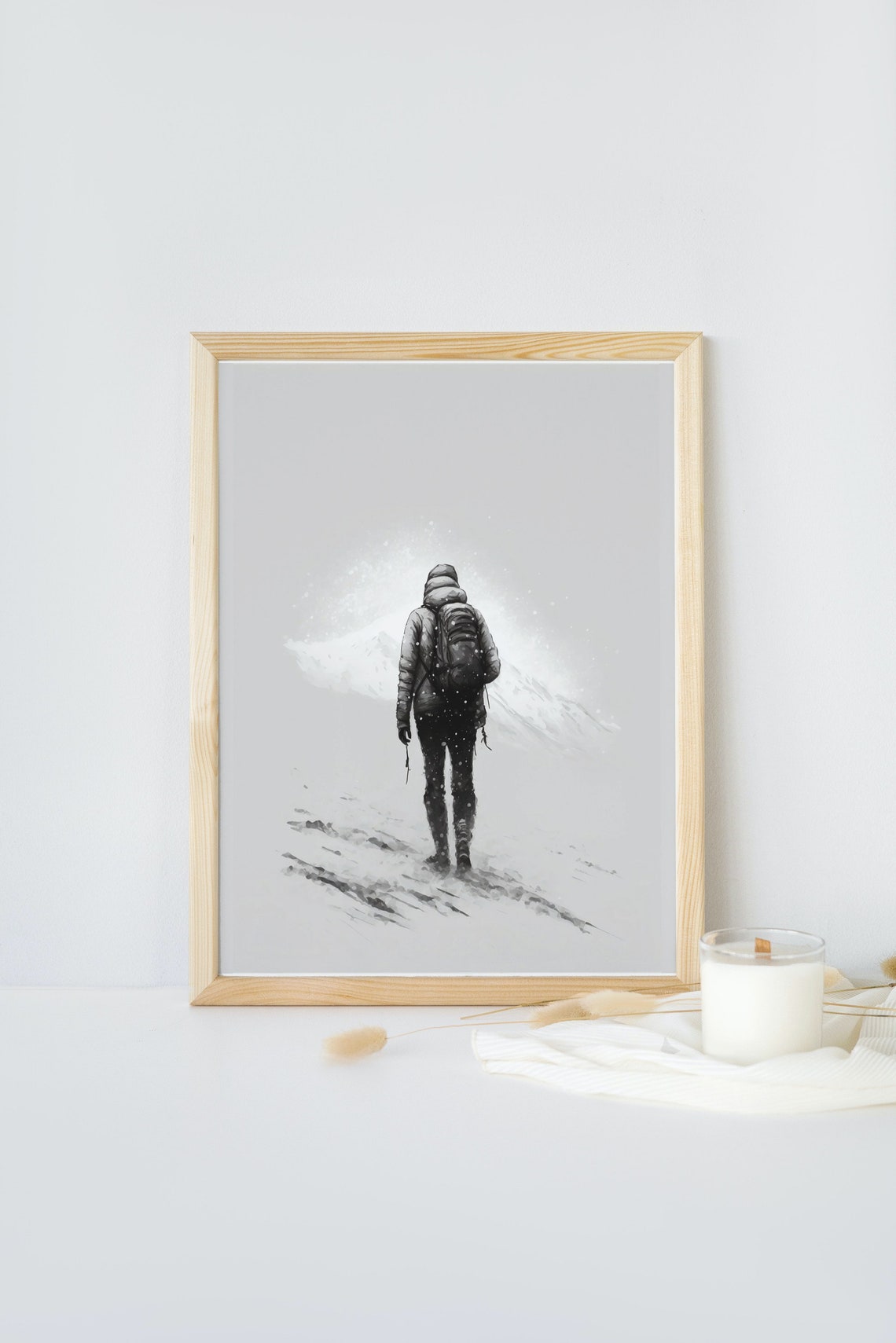 Minimalist Hiker Walking Snow Black White Peak Starry Poster - Image 4