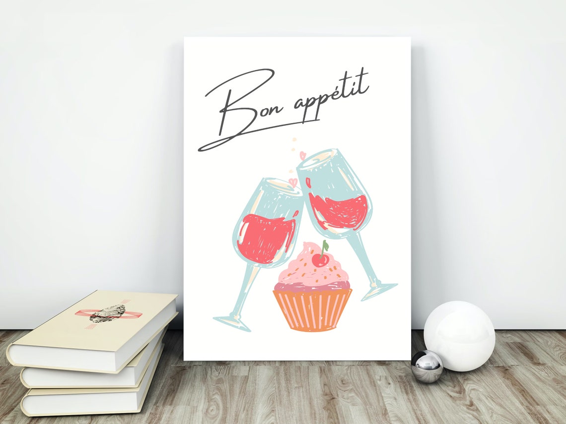 Bon Appetit Wine Glasses and Cupcake Kitchen Watercolor Poster
