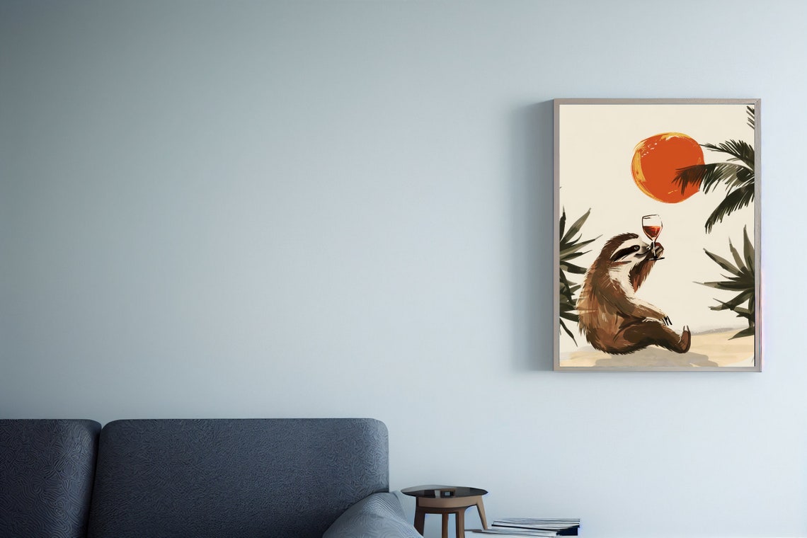 Funny Sloth Drinking Wine Sunset Palm Tropical Animal Humor Poster - Image 3