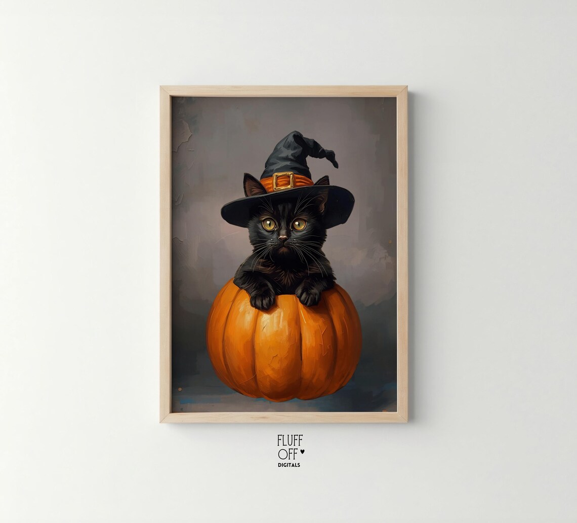 Halloween Black Kitten In Pumpkin, Festive Art Print