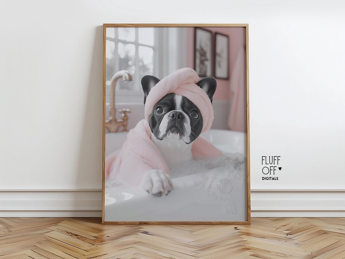 French Bulldog in Pink Towel Bubble Bath Cute Bathroom Poster