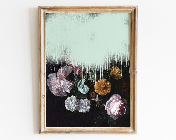 Floral Art Print Funky Wall Maximalist Decor Gallery Moody Flowers Feminine Colorful Vintage Oil Painting Altered