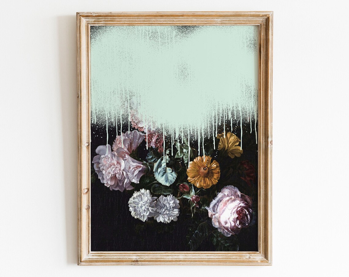 Moody Floral Still Life With Mint Green Paint Drip Altered Poster