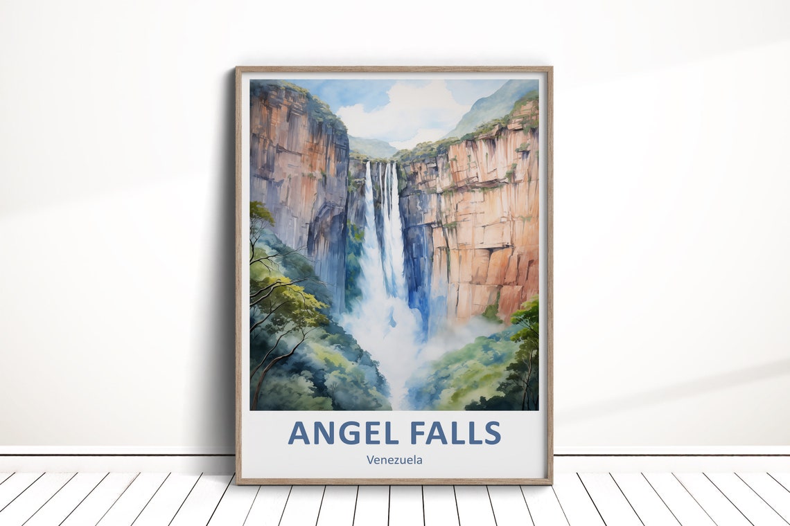 Angel Falls Venezuela Cliffs Watercolor Waterfall Nature Art Poster