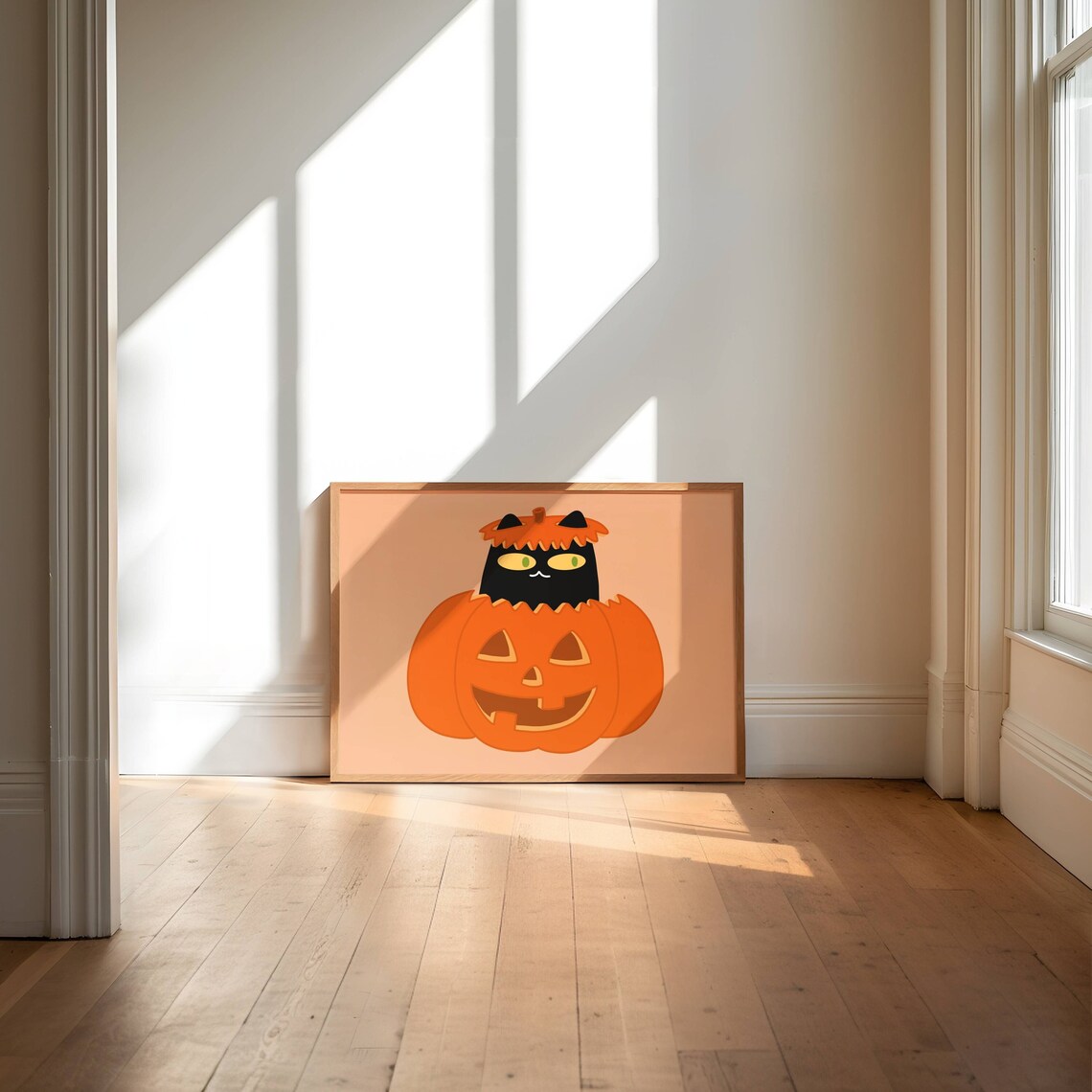 Black Cat in a Pumpkin Halloween Art Print