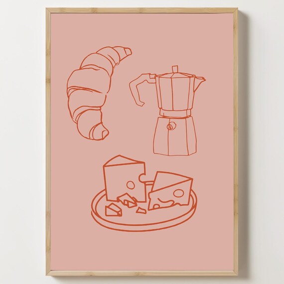 French Breakfast Croissant Coffee Cheese Red Line Art Pink Kitchen Poster