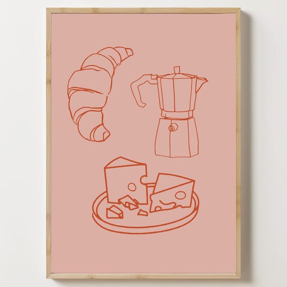 French Breakfast Poster Croissant And Coffee Art Moka Pot Print Cheese Plate Illustration Bistro Wall Modern