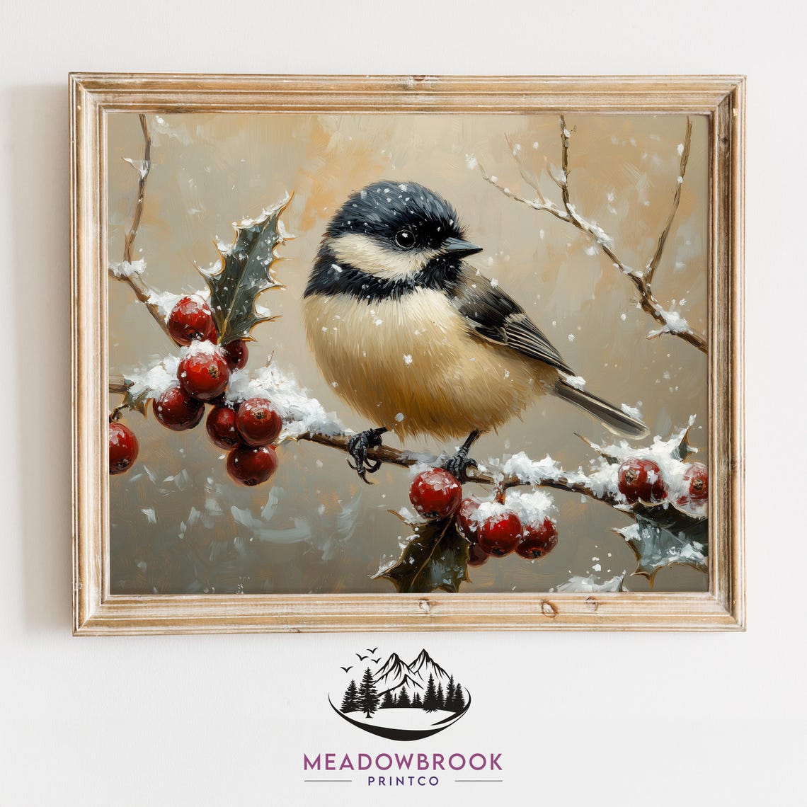Chickadee On Snowy Branch With Holly Berries Winter Portrait Poster