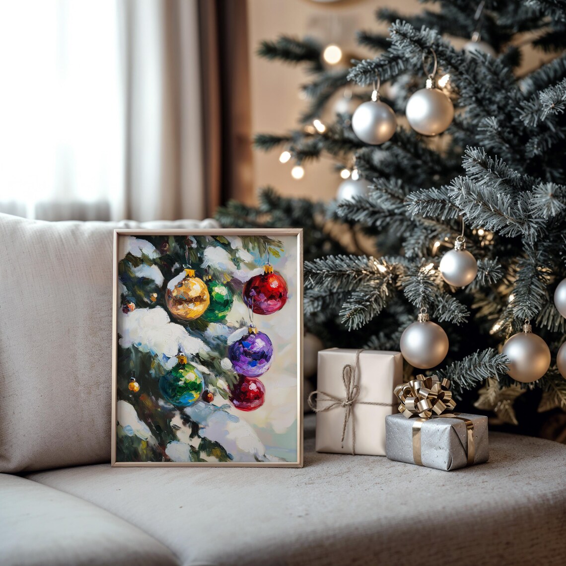 Christmas Ornaments On Snowy Tree Art Print, Vintage - Image 2