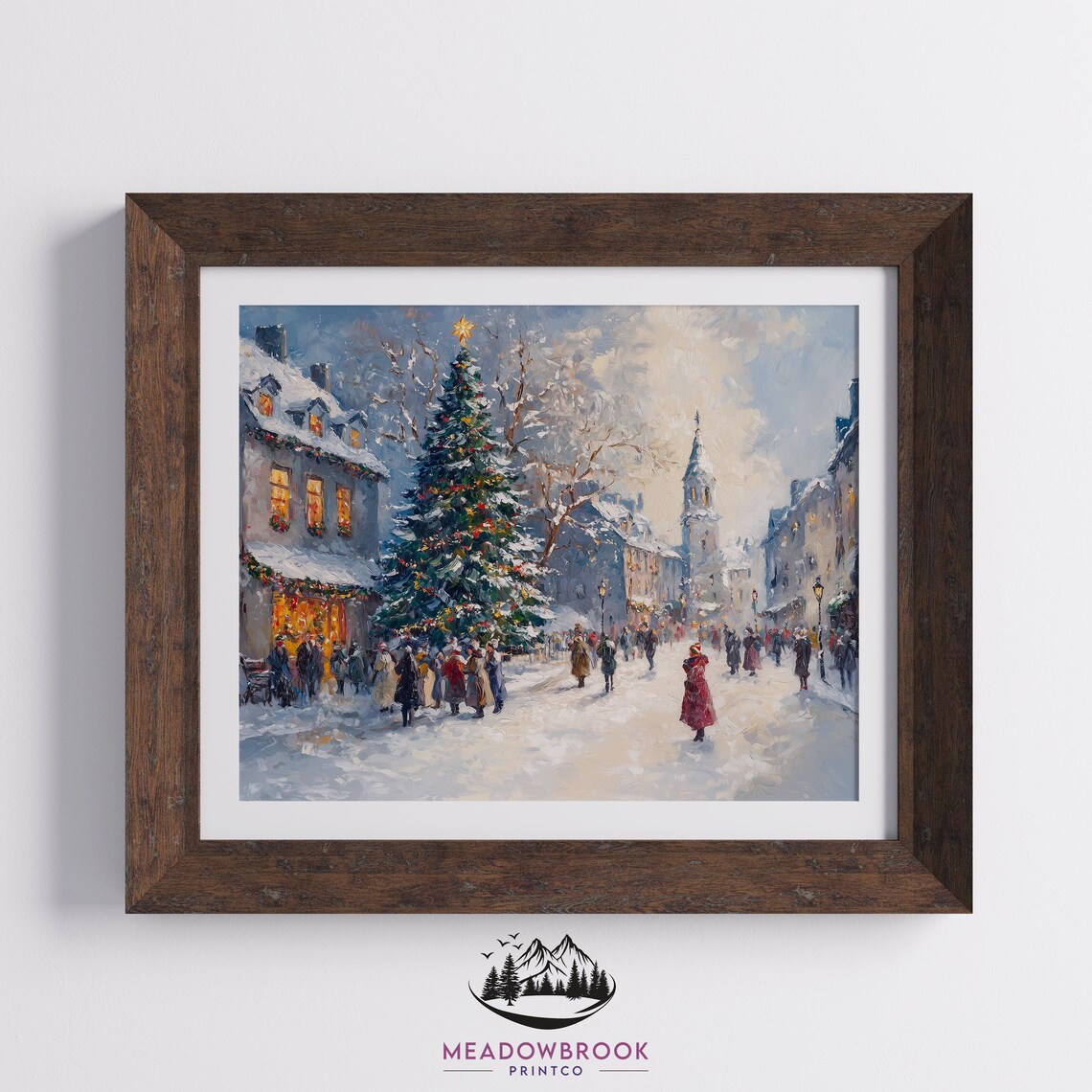 Festive Christmas Village Square Tree Vintage Holiday Painting Print - Image 2