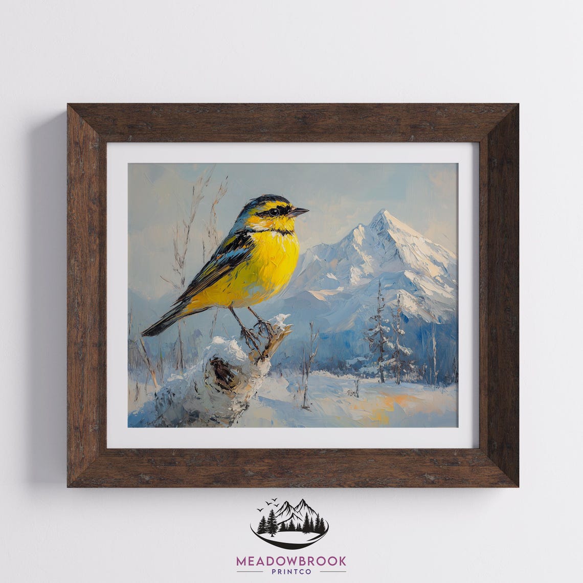 Yellow Siskin On Snowy Stump Before Snowcapped Mountain Winter Poster - Image 2
