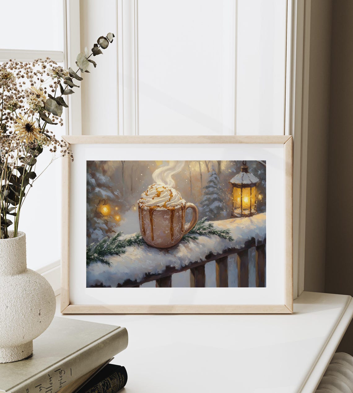 Steaming Hot Cocoa Mug With Lantern Snowy Pine Forest Art Poster - Image 3