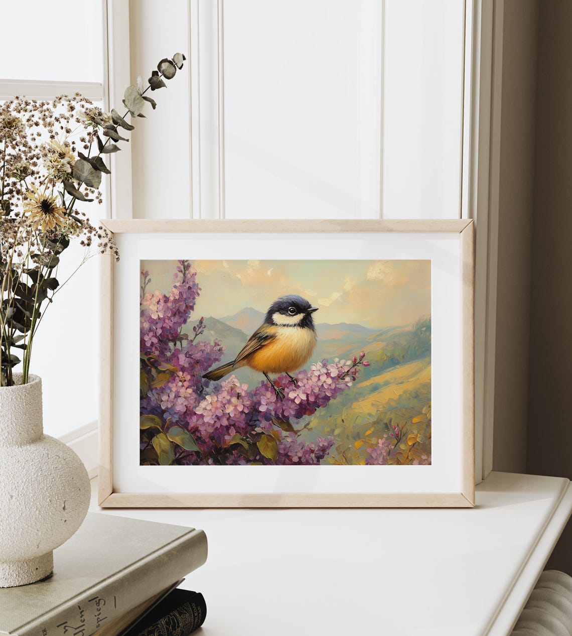 Chickadee Among Lilac Blossoms Rolling Hills Spring Landscape Poster - Image 3