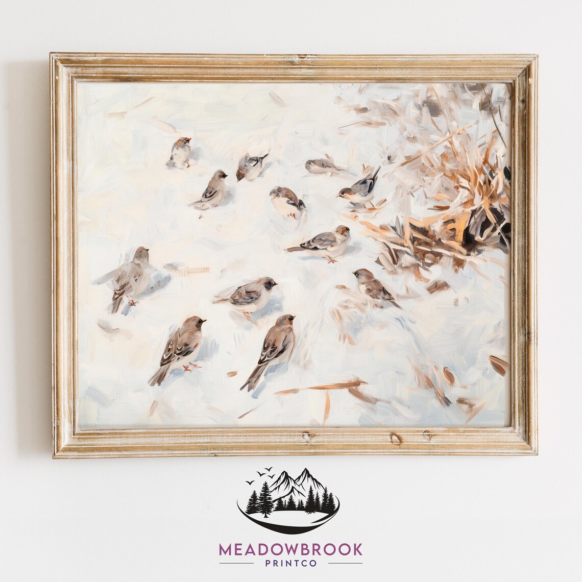 Snow Buntings Resting In Frosty Grass Cozy Winter Nature Art Poster