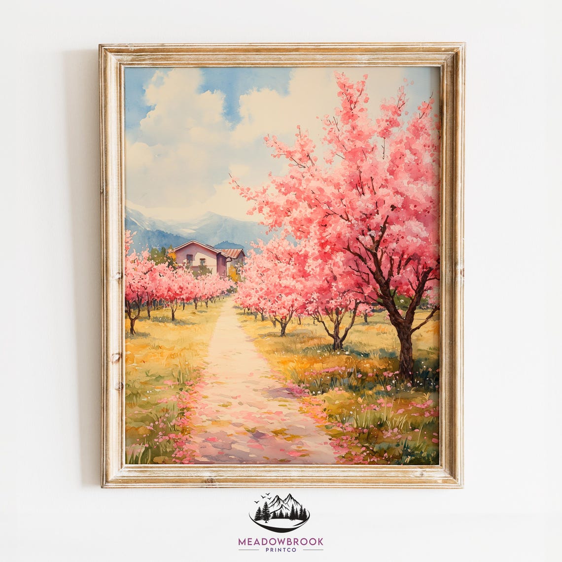 Cherry Orchard In Bloom Pink Trees Path Farmhouse Spring Poster