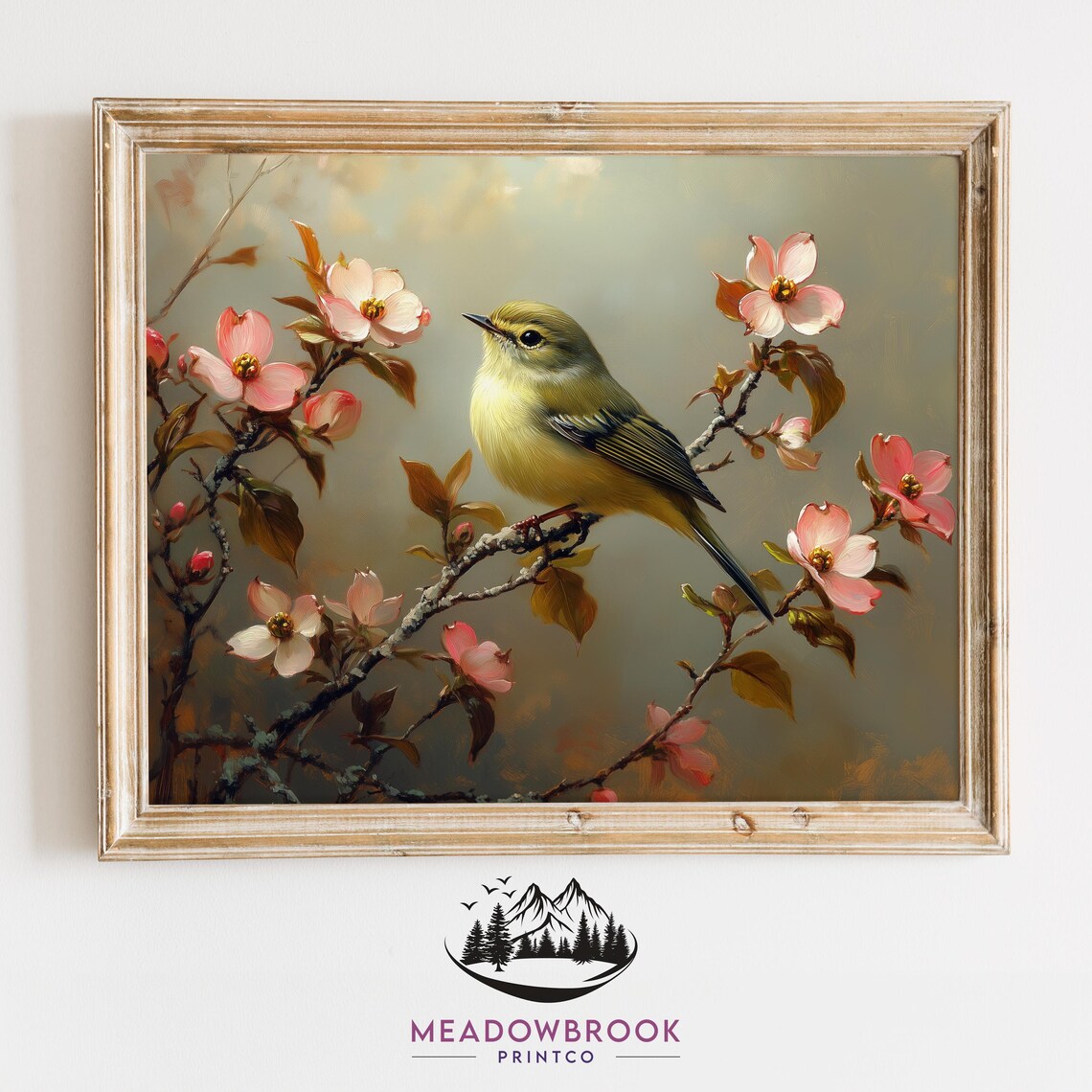 Tiny Yellow Kinglet Perched Among Pink Dogwood Blossoms Spring Poster