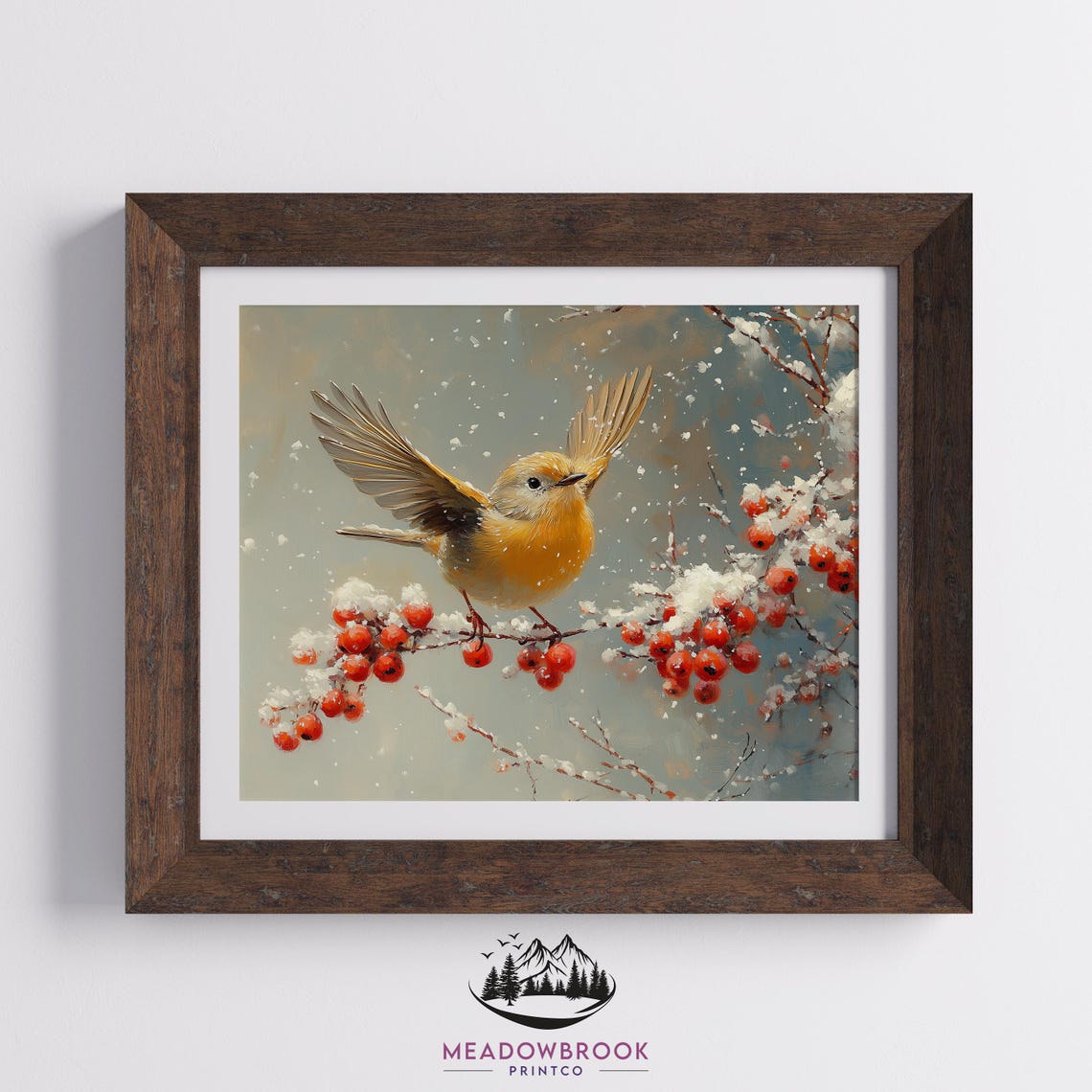 Goldfinch Bird Landing on Snowy Winter Red Berries Branch Wall Poster - Image 2
