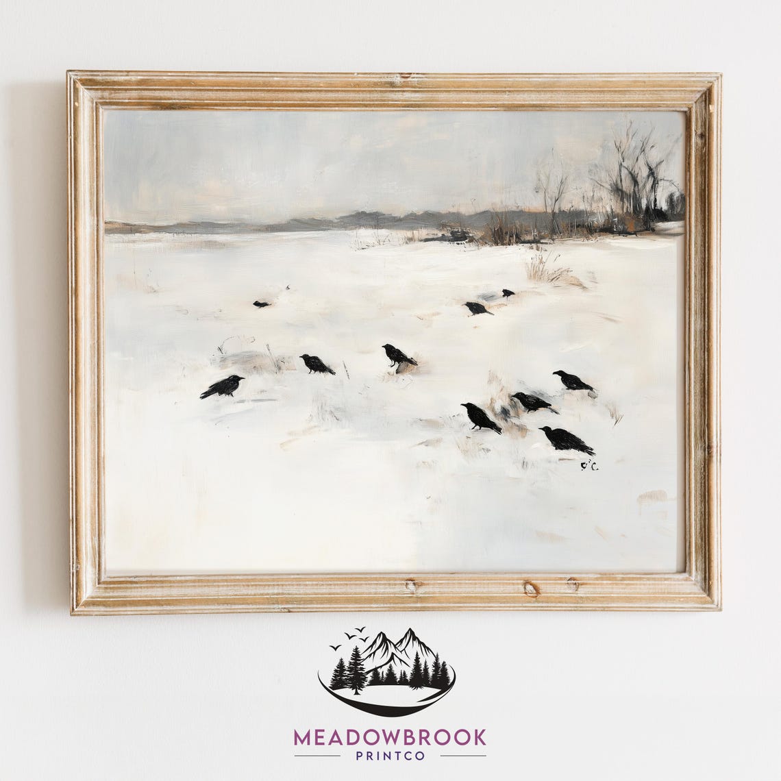 Small Flock Of Birds On Snowy Meadow Neutral Winter Art Poster
