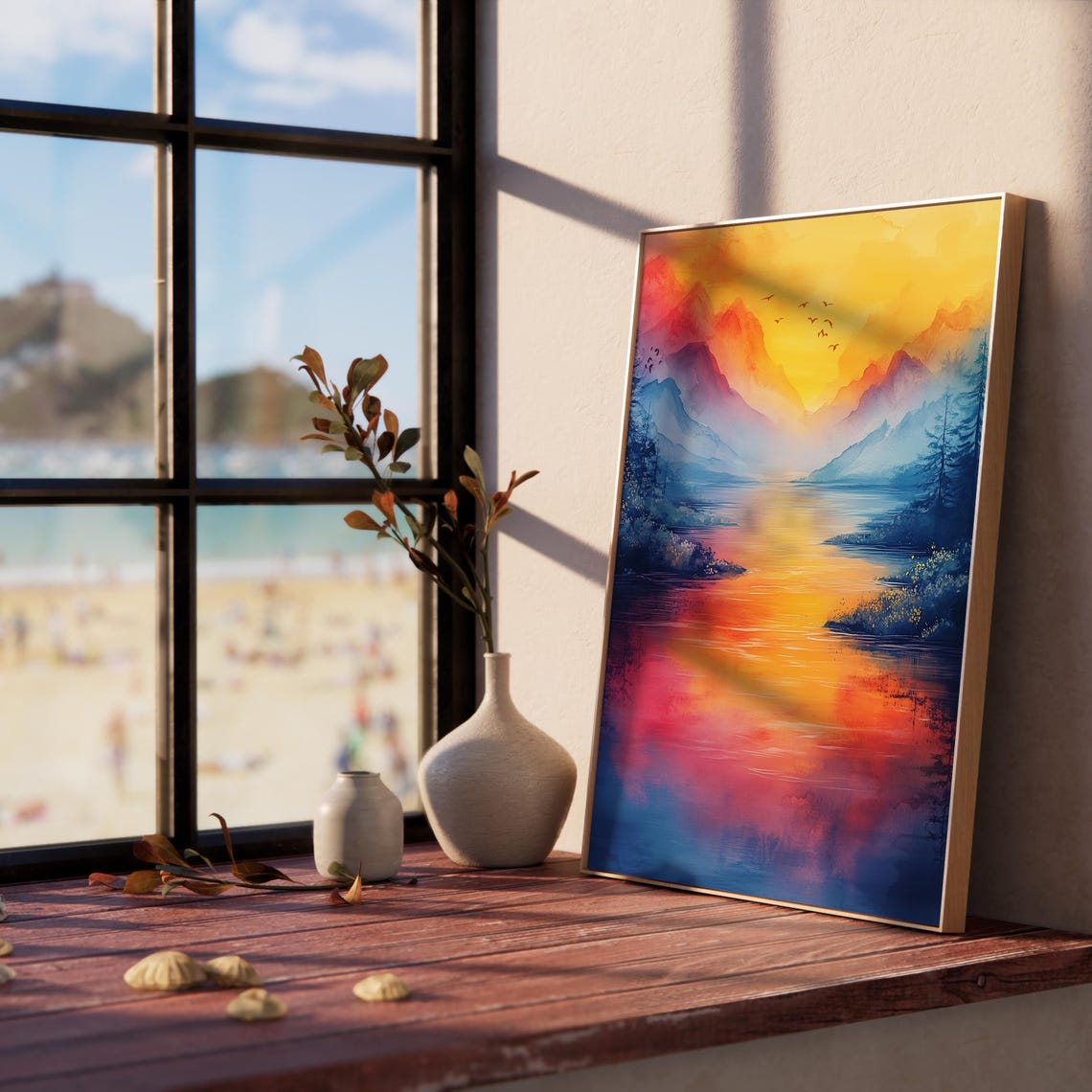 Golden Sunset Over Mountain River Vibrant Pink Orange Watercolor Print - Image 2