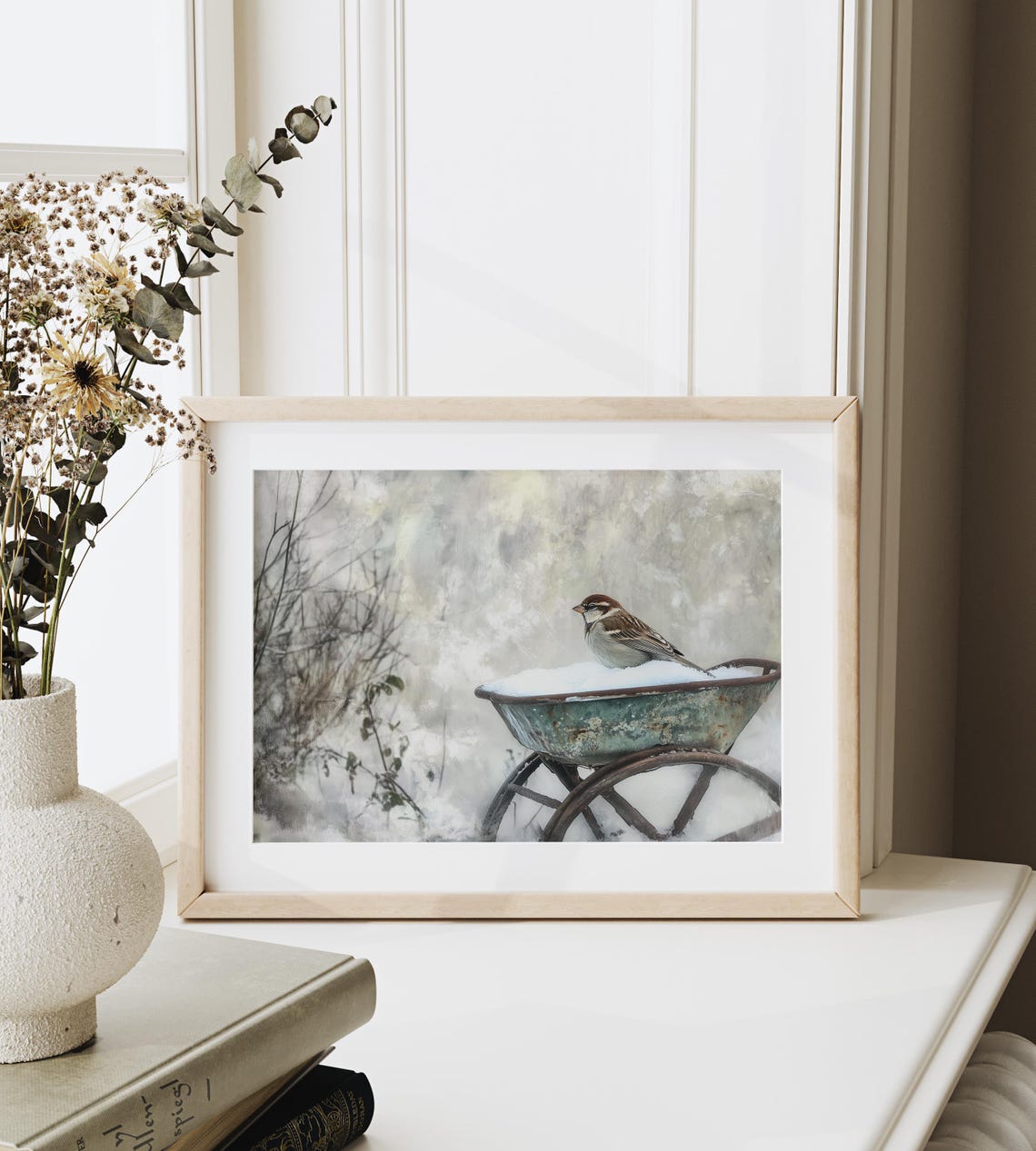 Sparrow On A Rusty Wheelbarrow Snowy Garden Vintage Art Poster - Image 3