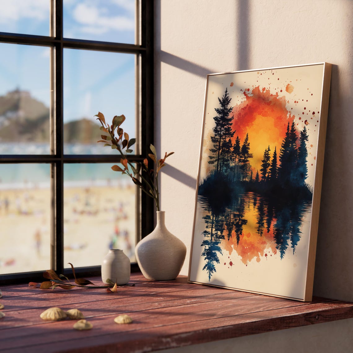Pine Island Sunset Reflection Fiery Orange Watercolor Lake Poster - Image 2