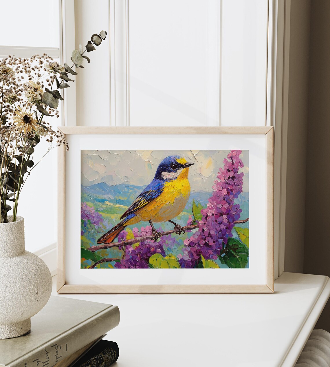 Blue Yellow Songbird Among Lilac Blooms Mountain View Art Poster - Image 3