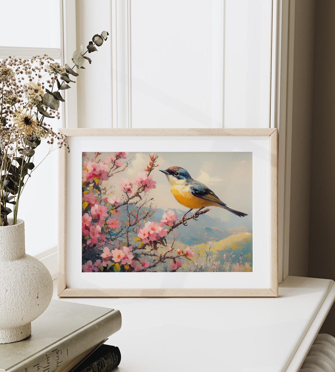 Finch Bird on Pink Spring Blossom Branch With Soft Mountain View Art - Image 3