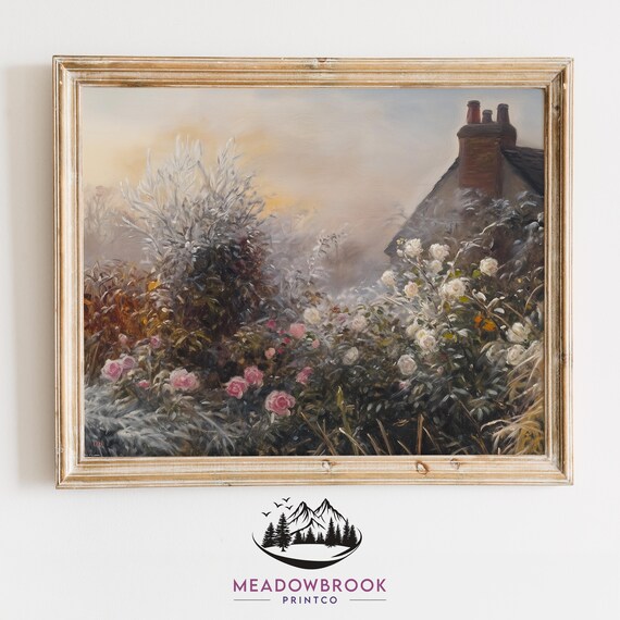 Frosty Cottage Garden At Dawn Painting Vintage Winter Scene Moody Earthy Wall Art Rustic Cottagecore Decor For Home 72