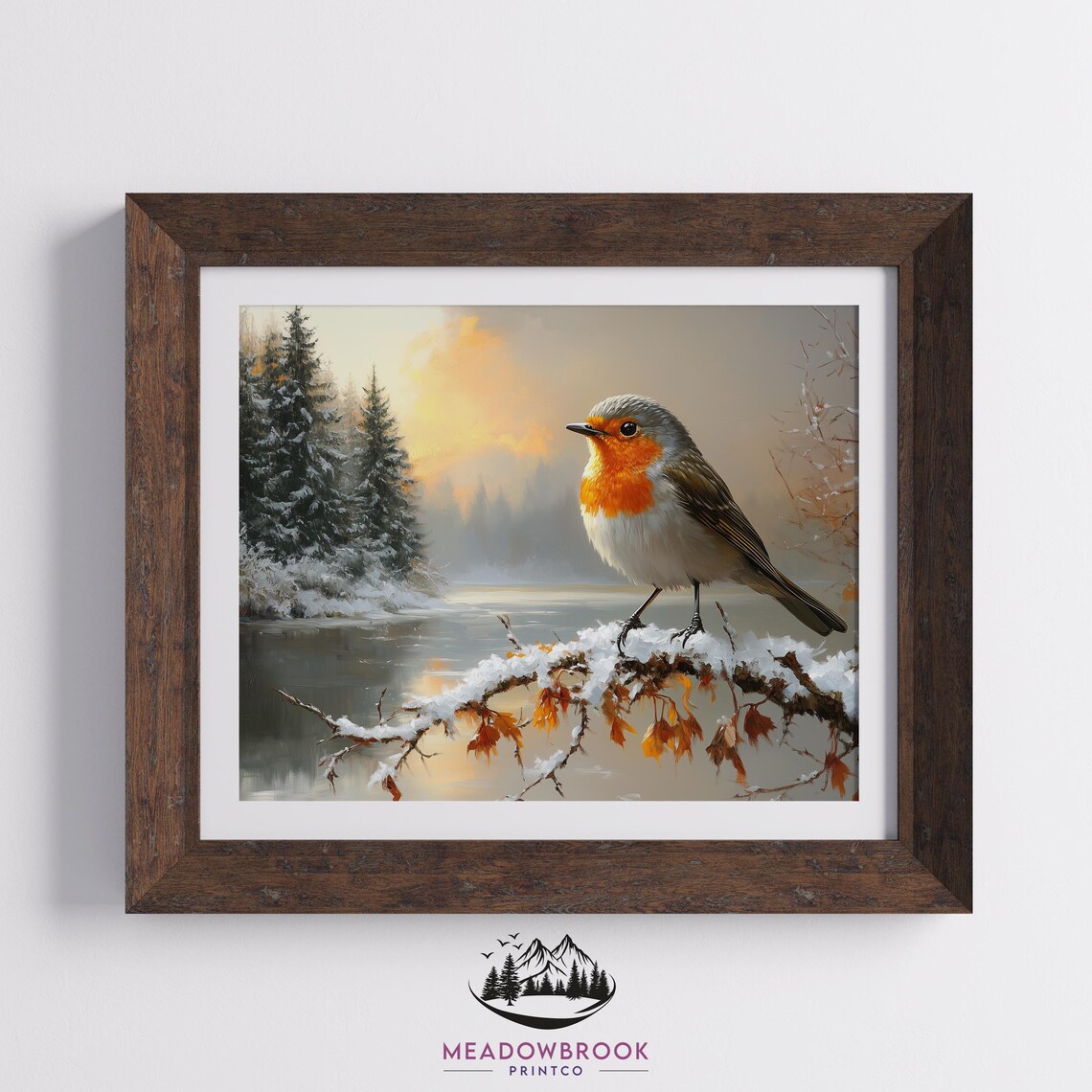 European Robin On Snowy Winter Branch By Frozen Lake Sunrise Poster - Image 2