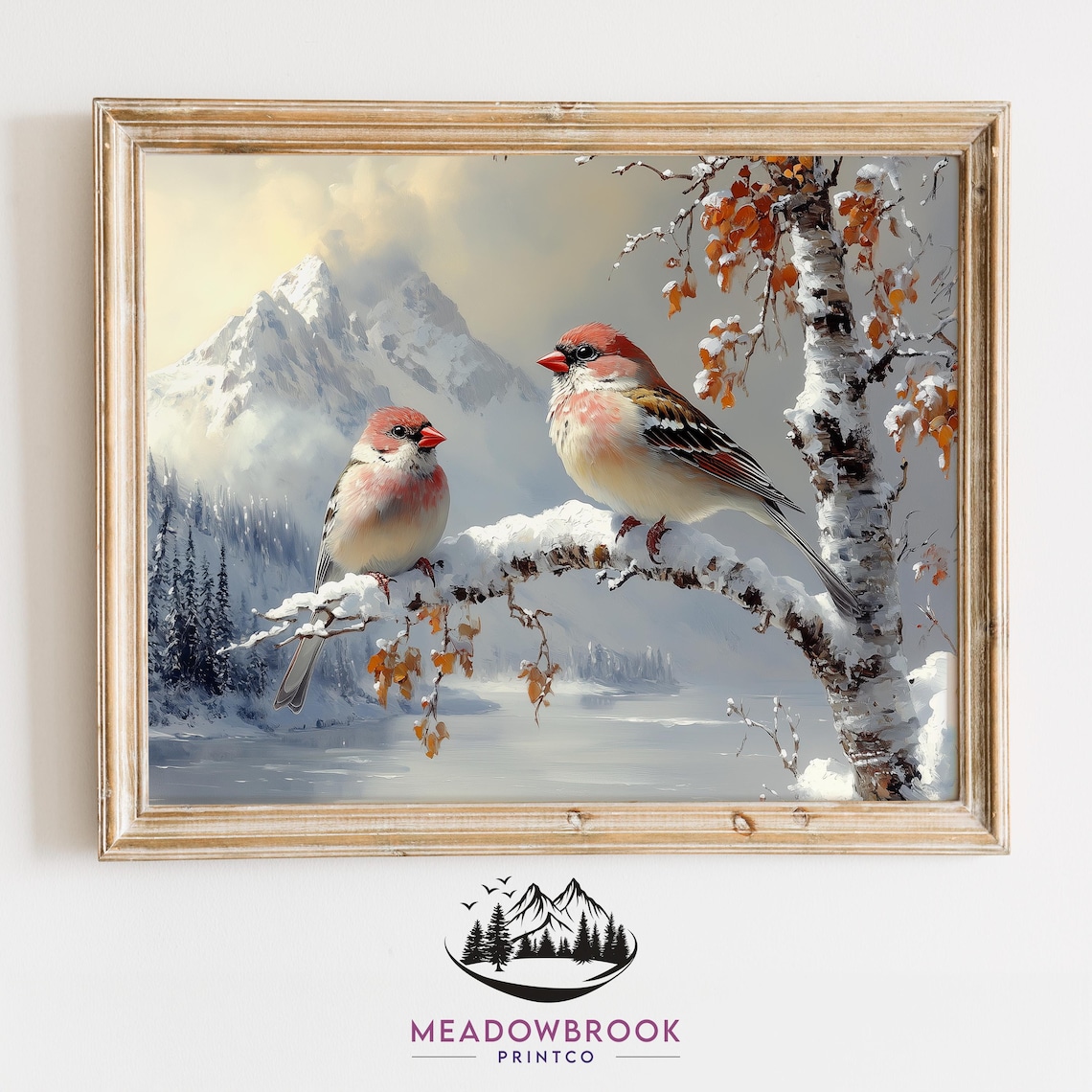 Pair Of House Finches On Snowy Branch Mountain Winter Scene Poster