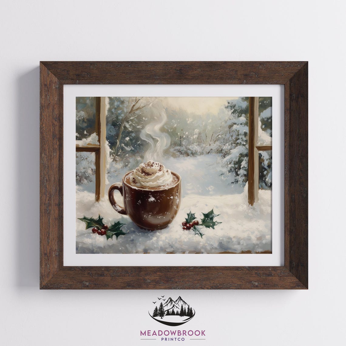 Steaming Cocoa Mug With Holly On Snowy Windowsill Art Poster - Image 2
