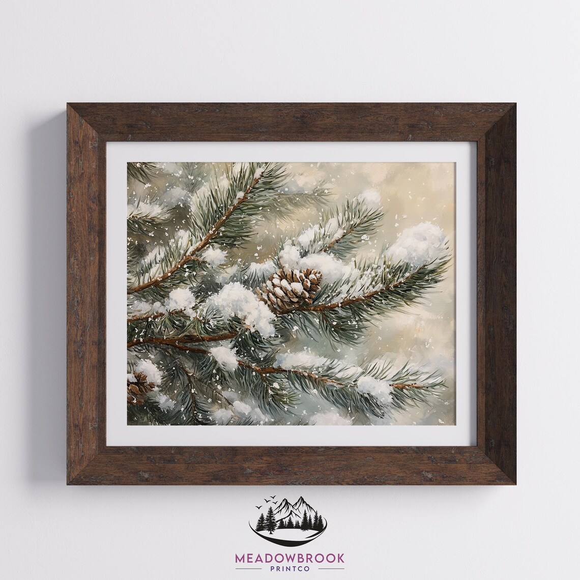 Snow Covered Pine Branches Close Up Vintage Winter Painting Print - Image 2