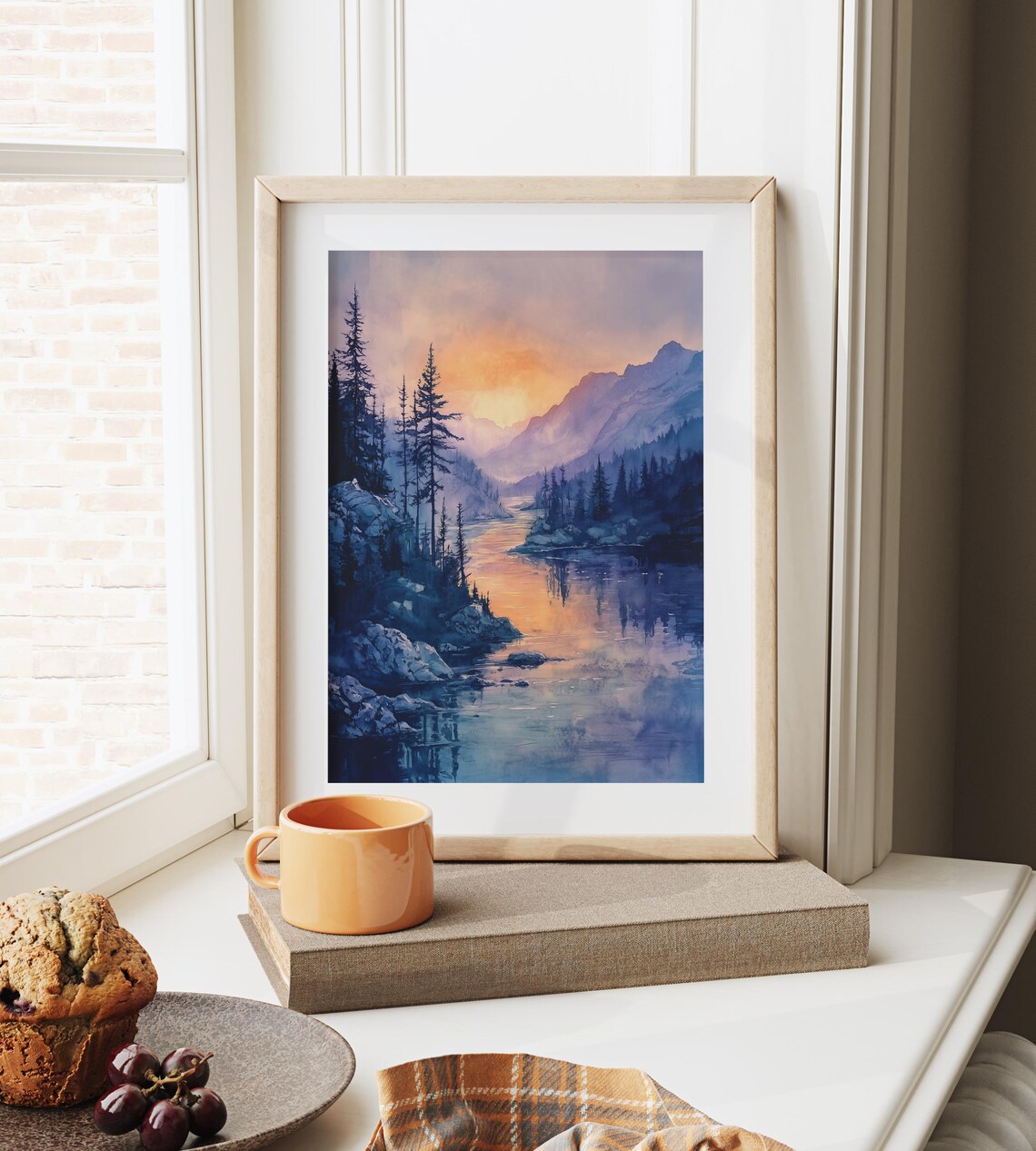 Twilight Mountain River Sunset Purple Blue Moody Watercolor Poster - Image 3
