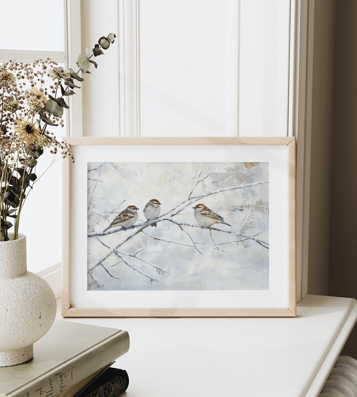 Three Sparrows On Icy Winter Branches Vintage Bird Painting Print - Image 3