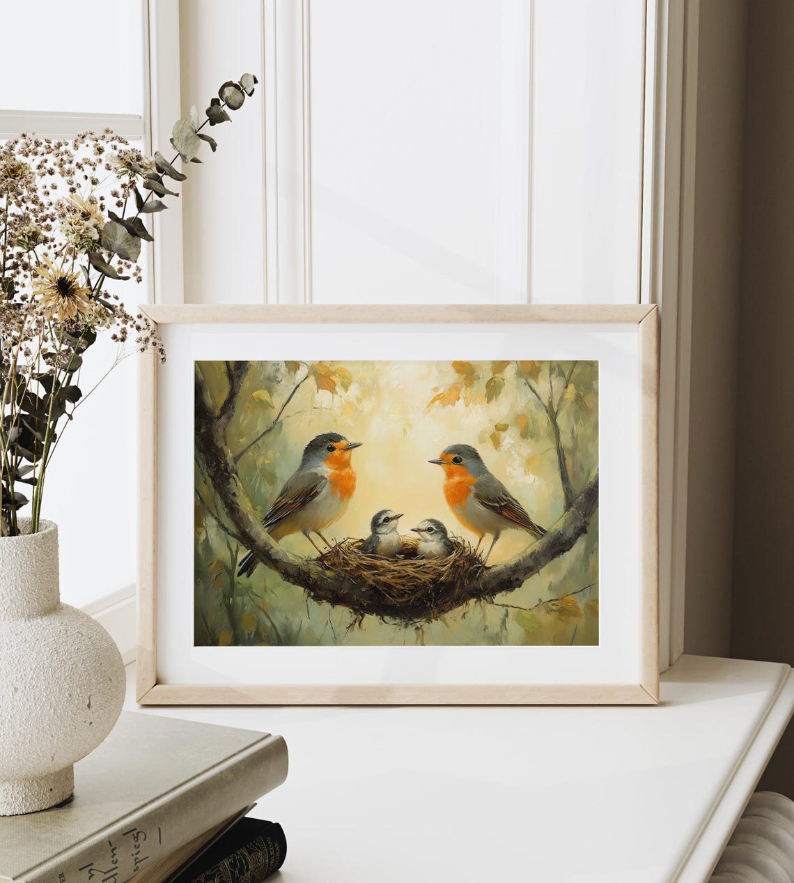 Robin Pair With Nest And Chicks Golden Autumn Bird Art Poster - Image 3