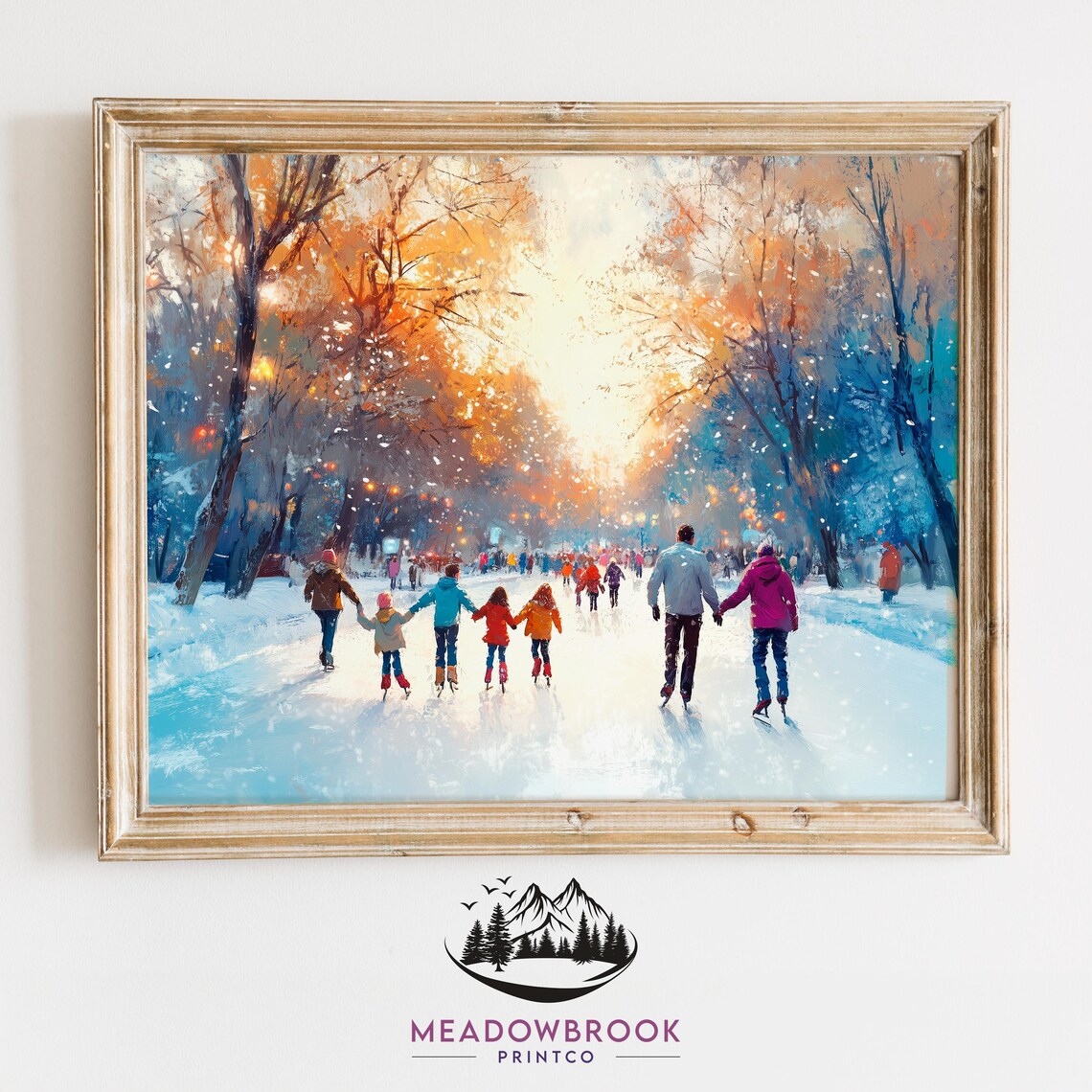 Families Ice Skating On Frozen Pond Sunset Winter Art Poster