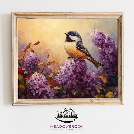 Chickadee Painting, Rustic Cottagecore Bird Art Print