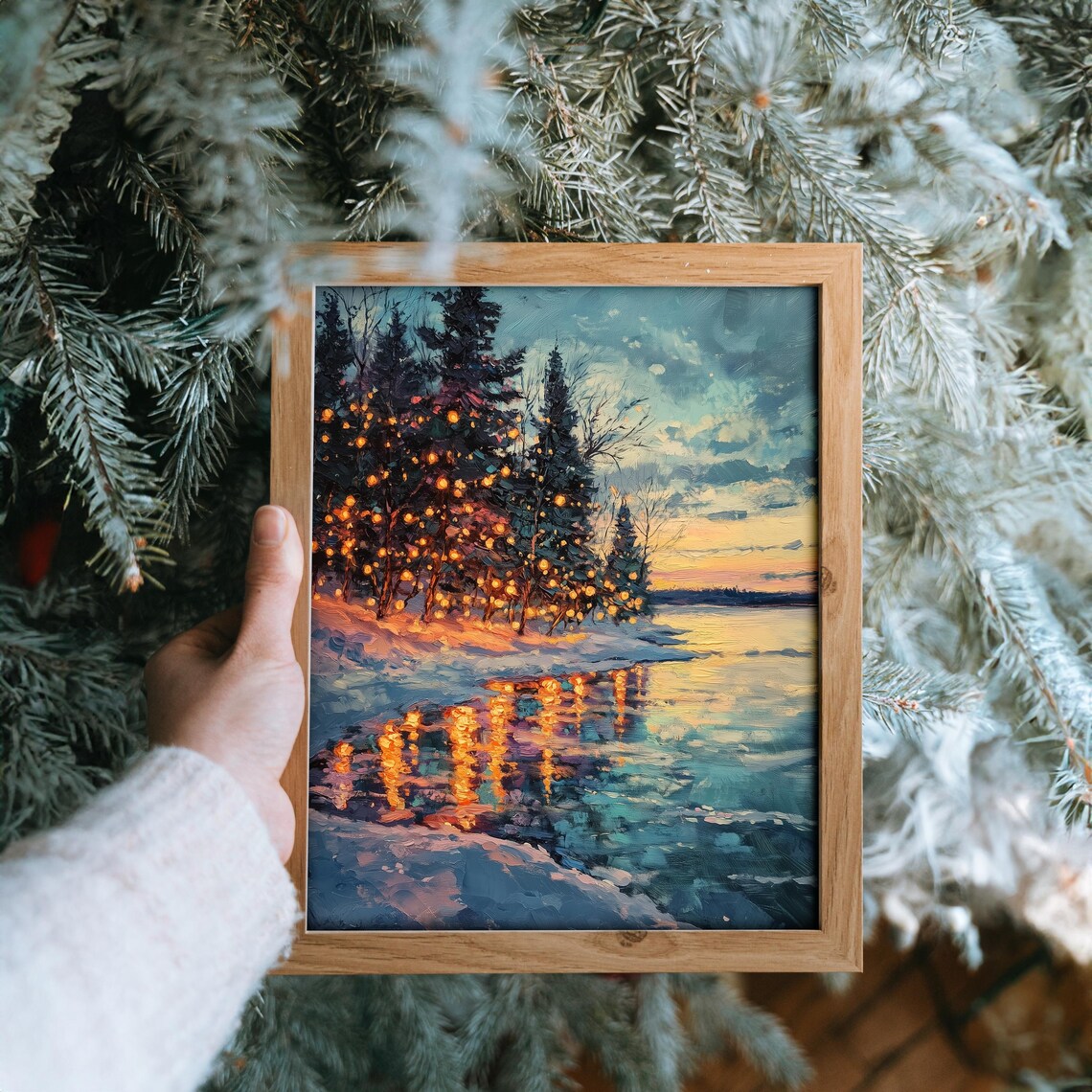 Christmas Lights Reflecting On Frozen Lake Winter Sunset Art Poster - Image 3