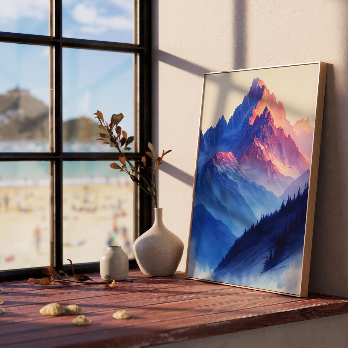 Alpine Peak Sunrise Pink And Blue Mountain Watercolor Art Poster - Image 2