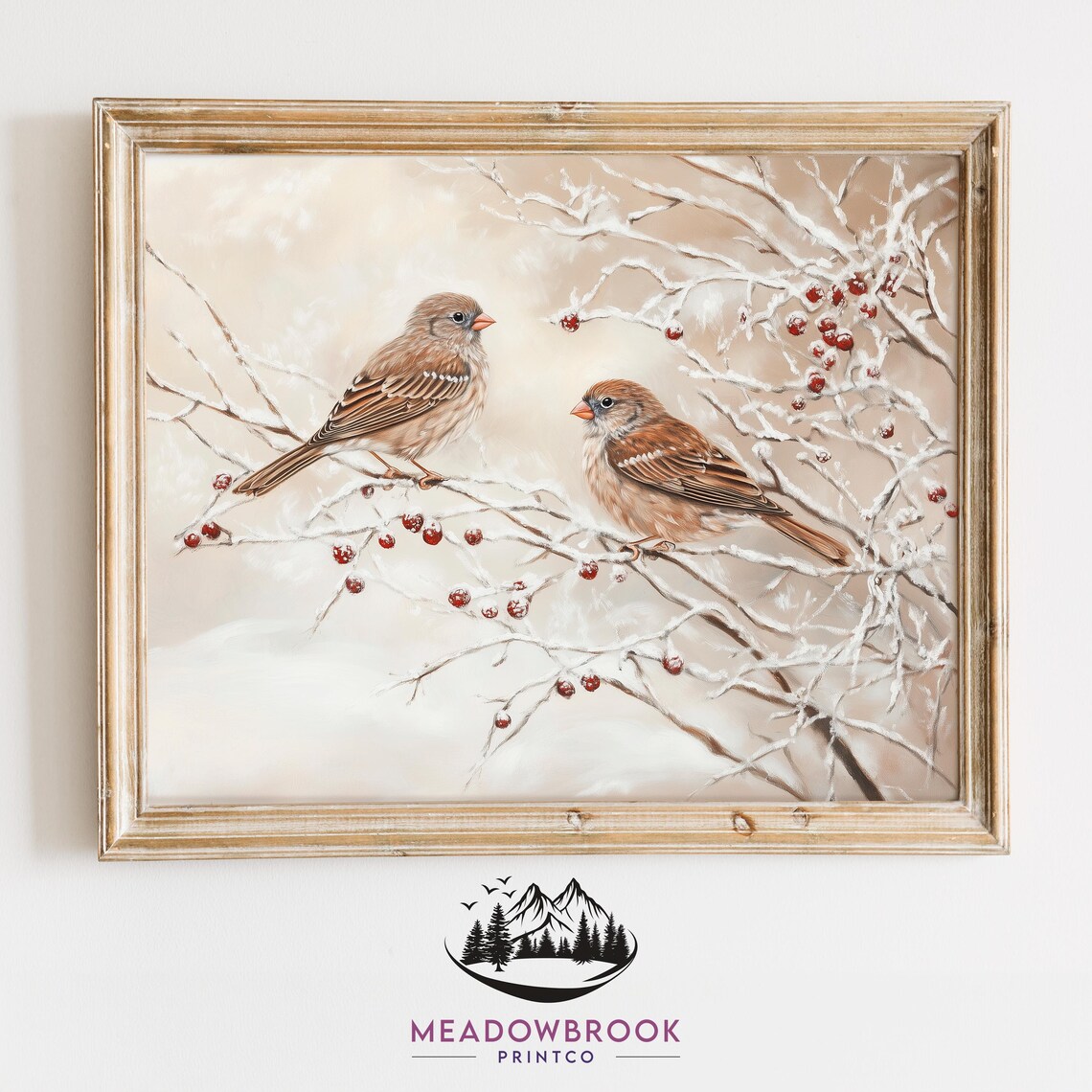Pair Of Sparrows On Snowy Berry Branches Winter Bird Art Poster