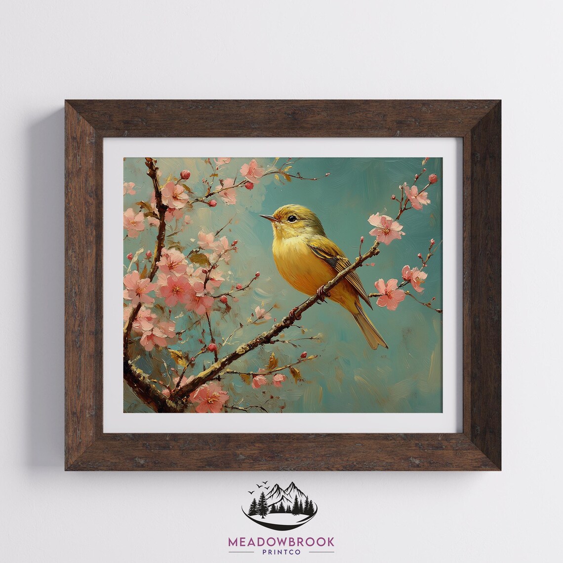 Goldcrest Bird on Pink Cherry Blossom Branch Against Calm Teal Sky Art - Image 2