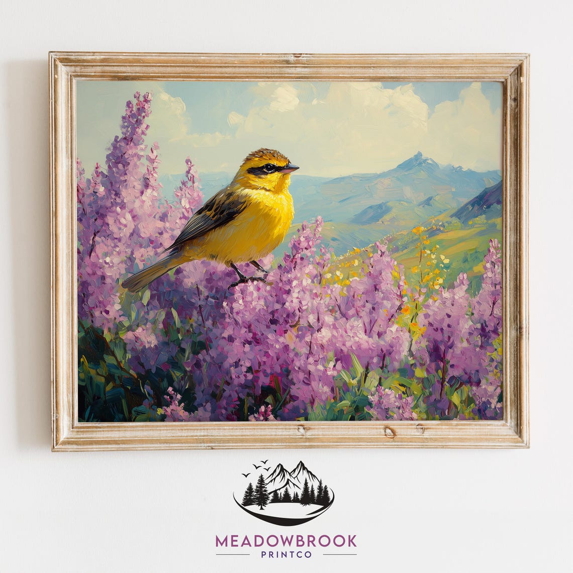 Golden Goldfinch on Purple Blossoms Sunlit Mountain Valley Bird Poster