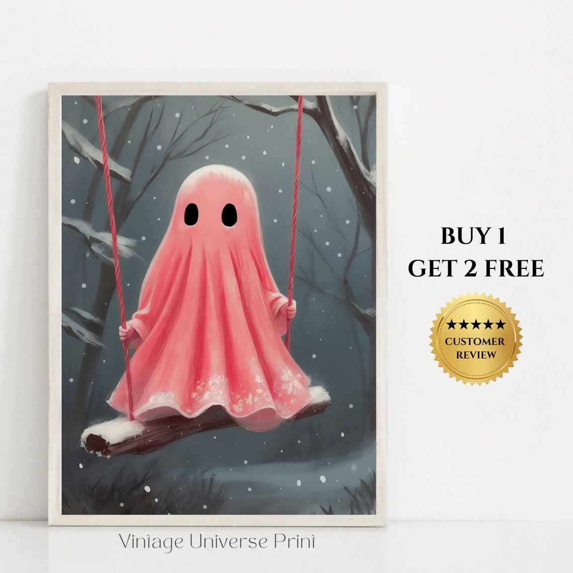 Pink Ghost on Swing in Snowy Forest at Night Whimsical Print